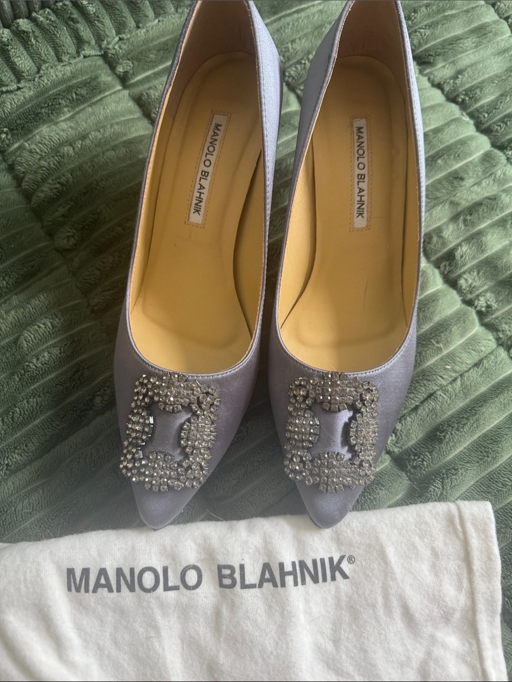 Manolo Blahnik Gray Satin Pointed Toe Hangisi Crystal Buckle Pumps